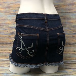 Denim Mini Skirt Embroidered Fringe Raw Hem